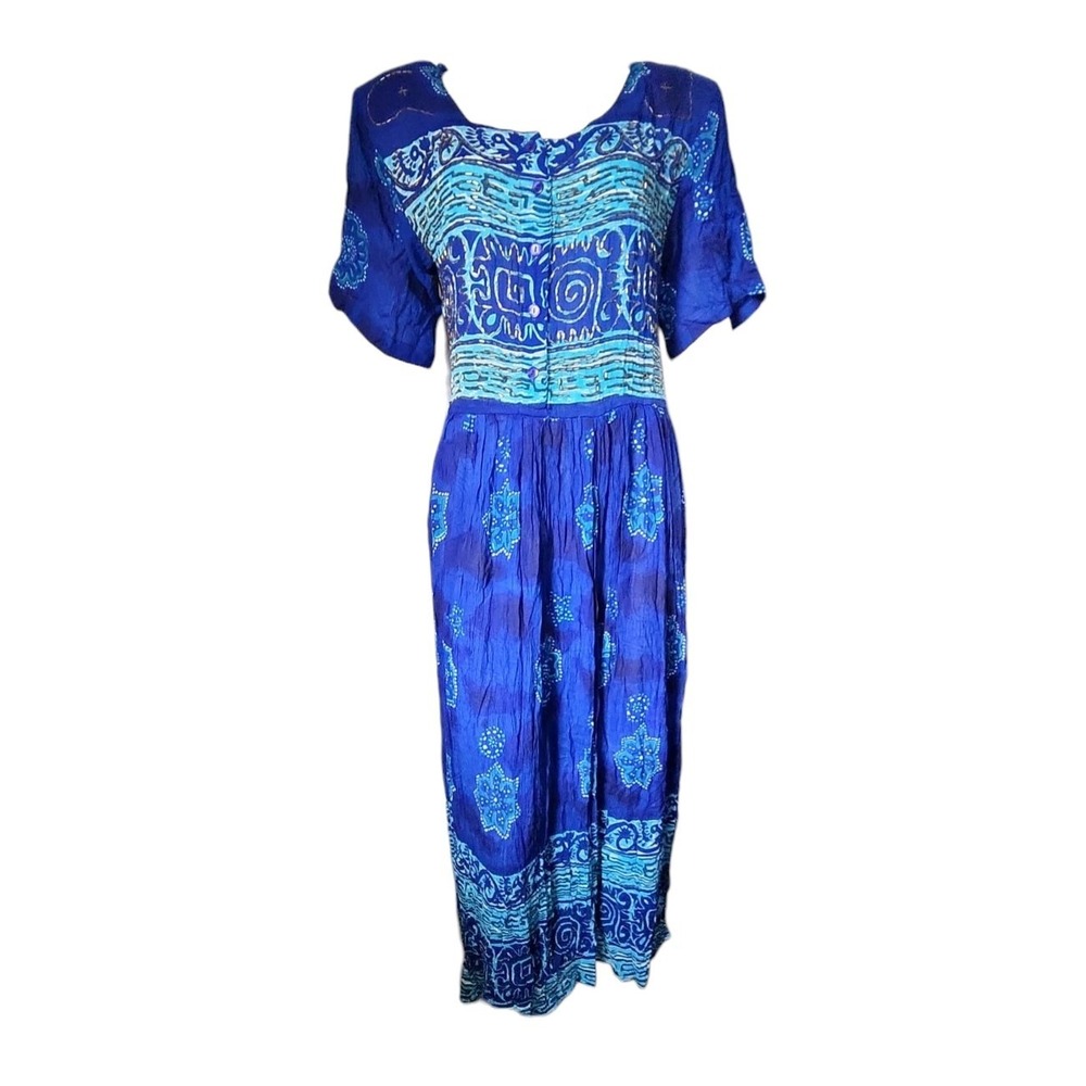 M.P.H. Dress NWT Womens Size XL Blue Beaded Vintage Boho Flowy Artsy Sheer Maxi